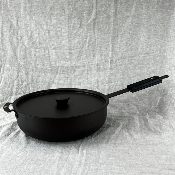 Ebonised black 11" (28cm) Spun Iron Sauteuse with front handle and lid